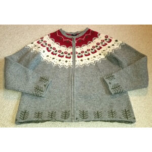 VINTAGE Womens Sweater-NORDIC DESIGN-gray/red fair isle Nordic wool cardigan-M
